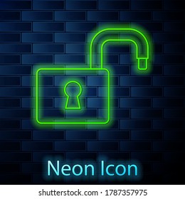 Glowing neon line Open padlock icon isolated on brick wall background. Opened lock sign. Cyber security concept. Digital data protection. Vector