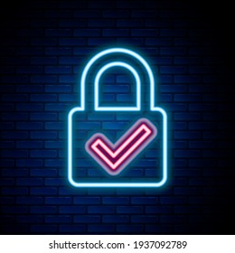 Glowing neon line Open padlock and check mark icon isolated on brick wall background. Cyber security concept. Digital data protection. Safety safety. Colorful outline concept. Vector