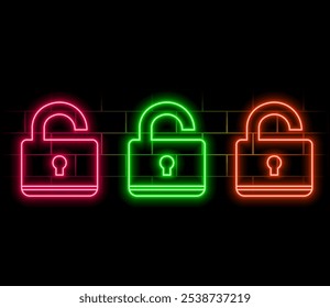 Glowing neon line Open padlock icon isolated on black background. Lock open sign. Cybersecurity. Digital data protection. Colorful contour concept. Vector illustration.