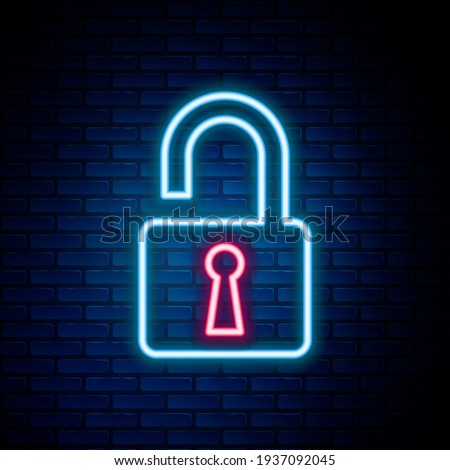 Glowing neon line Open padlock icon isolated on brick wall background. Opened lock sign. Cyber security concept. Digital data protection. Safety safety. Colorful outline concept. Vector