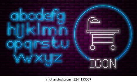 Glowing neon line Operating table icon isolated on brick wall background. Neon light alphabet. Vector Illustration