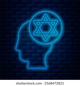 Glowing neon line Orthodox jewish hat icon isolated on brick wall background. Jewish men in the traditional clothing. Judaism symbols.  Vector