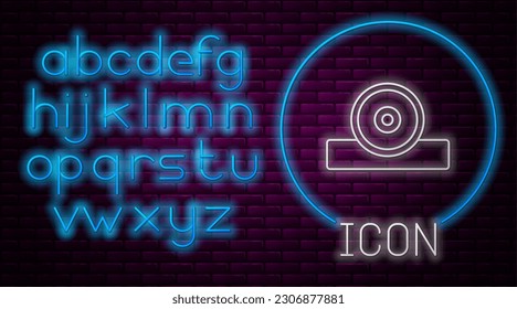 Glowing neon line Otolaryngological head reflector icon isolated on brick wall background. Equipment for inspection the patients ear, throat and nose. Neon light alphabet. Vector