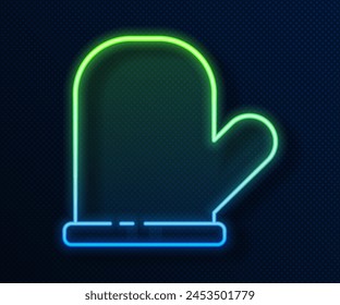 Glowing neon line Oven glove icon isolated on blue background. Kitchen potholder sign. Cooking glove.  Vector