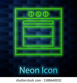 Glowing neon line Oven icon isolated on brick wall background. Stove gas oven sign.  Vector Illustration