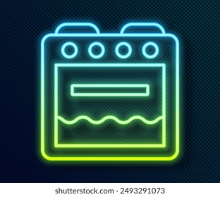 Glowing neon line Oven icon isolated on black background. Stove gas oven sign.  Vector