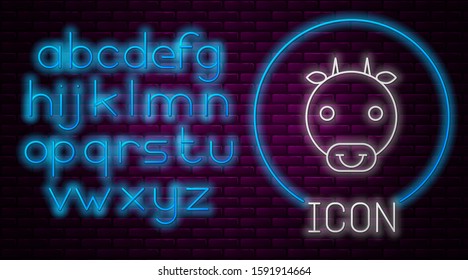 Glowing neon line Ox zodiac sign icon isolated on brick wall background. Astrological horoscope collection. Neon light alphabet. Vector Illustration