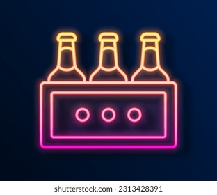 Glowing neon line Pack of beer bottles icon isolated on black background. Wooden box and beer bottles. Case crate beer box sign.  Vector