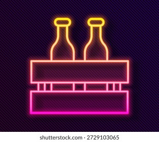 Brillante línea de neón Pack de botellas de cerveza icono aislado sobre fondo negro. Caja de madera y botellas de cerveza. Caja de caja de caja de cerveza signo.  Ilustración vectorial