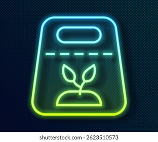 Brillante línea de neón Pack lleno de semillas de un icono de planta específica aislado sobre fondo negro.  Vector