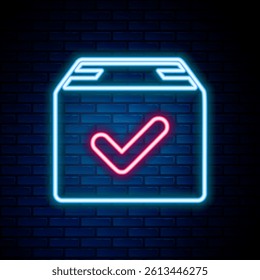 Glowing neon line Package box with check mark icon isolated on brick wall background. Parcel box with checkmark. Approved delivery or successful package receipt. Colorful outline concept. Vector