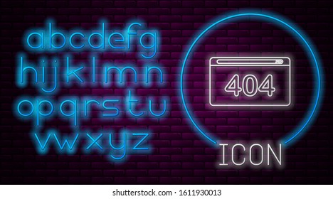Glowing neon line Page with a 404 error icon isolated on brick wall background. Template reports that the page is not found. Neon light alphabet. Vector Illustration