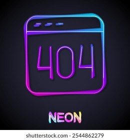 Glowing neon line Page with a 404 error icon isolated on black background. Template reports that the page is not found.  Vector