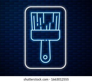Glowing neon line Paint brush icon isolated on brick wall background.  Vector Illustration
