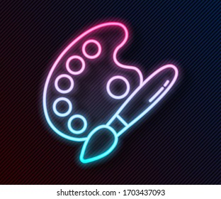 Glowing Neon Line Paint Brush With Palette Icon Isolated On Black Background.  Vector Illustration