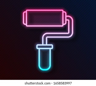 Glowing neon line Paint roller brush icon isolated on black background.  Vector Illustration