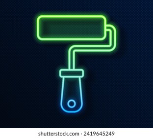 Glowing neon line Paint roller brush icon isolated on blue background.  Vector