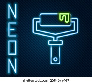 Glowing neon line Paint roller brush icon isolated on black background. Colorful outline concept. Vector