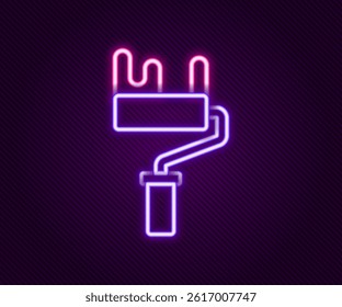 Glowing neon line Paint roller brush icon isolated on black background. Colorful outline concept. Vector