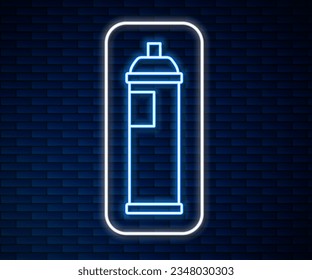 Glowing neon line Paint spray can icon isolated on brick wall background.  Vector