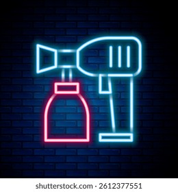 Glowing neon line Paint spray gun icon isolated on brick wall background. Colorful outline concept. Vector