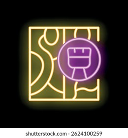 Glowing neon line painting the house icon isolated on black background. Painter working with color can and roller. Vector