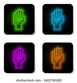 Glowing neon line Palmistry of the hand icon isolated on white background. Black square button. Vector Illustration