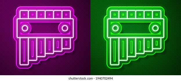 Glowing neon line Pan flute icon isolated on purple and green background. Traditional peruvian musical instrument. Folk instrument from Peru, Bolivia and Mexico.  Vector