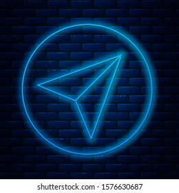 Glowing neon line Paper airplane icon isolated on brick wall background.  Vector Illustration