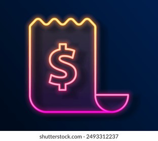 Glowing neon line Paper check and financial check icon isolated on black background. Paper print check, shop receipt or bill.  Vector