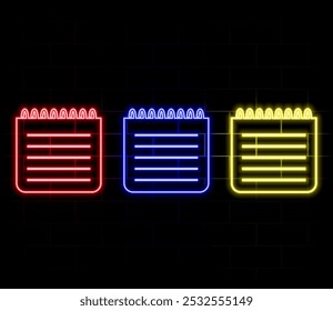 Glowing neon line Paper check and financial check icon isolated on brick wall background. Paper print check, shop receipt or bill. Colorful outline concept. Vector.