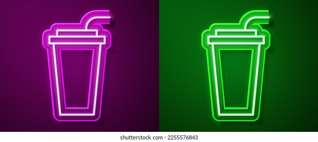 Glowing neon line Paper glass with drinking straw and water icon isolated on purple and green background. Soda drink glass. Fresh cold beverage symbol.  Vector Illustration