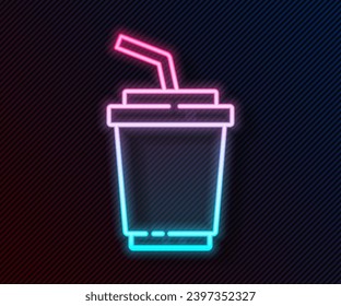 Glowing neon line Paper glass with drinking straw and water icon isolated on black background. Soda drink glass. Fresh cold beverage symbol.  Vector