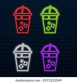 Glowing neon line Paper glass with drinking straw and water icon isolated on black background. Soda drinks cup. Symbol of cool and cold drink. Vector.