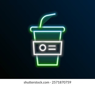 Glowing neon line Paper glass with drinking straw and water icon isolated on black background. Soda drink glass. Fresh cold beverage symbol. Colorful outline concept. Vector