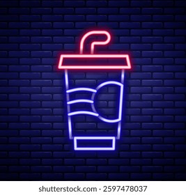 Glowing neon line Paper glass with drinking straw and water icon isolated on brick wall background. Soda drink glass. Fresh cold beverage symbol. Colorful outline concept. Vector