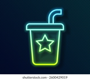 Glowing neon line Paper glass with drinking straw and water icon isolated on black background. Soda drink glass. Fresh cold beverage symbol.  Vector