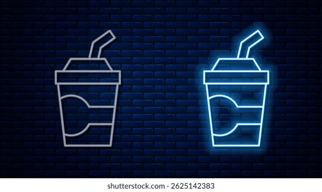 Glowing neon line Paper glass with drinking straw and water icon isolated on brick wall background. Soda drink glass. Fresh cold beverage symbol.  Vector