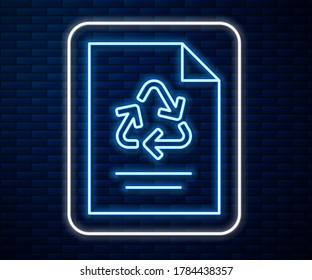 Glowing neon line Paper with recycle icon isolated on brick wall background.  Vector Illustration