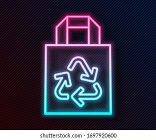 Glowing neon line Paper shopping bag with recycle icon isolated on black background. Bag with recycling symbol.  Vector Illustration
