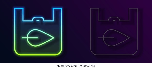 Glowing neon line Paper shopping bag with recycle icon isolated on black background. Bag with recycling symbol.  Vector