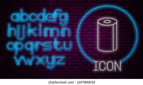 Glowing neon line Paper towel roll icon isolated on brick wall background. Neon light alphabet. Vector Illustration