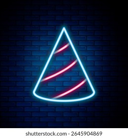 Glowing neon line Party hat icon isolated on brick wall background. Birthday hat. Colorful outline concept. Vector