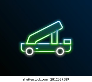 Glowing neon line Passenger ladder for plane boarding icon isolated on black background. Airport stair travel. Colorful outline concept. Vector
