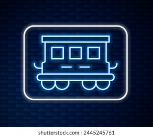 Glowing neon line Passenger train cars toy icon isolated on brick wall background. Railway carriage.  Vector