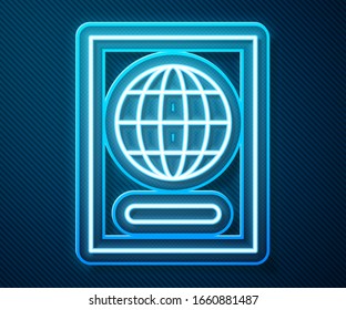 Glowing neon line Passport with biometric data icon isolated on blue background. Identification Document.  Vector Illustration