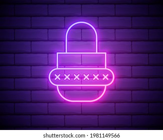 Glowing neon line Password protection and safety access icon isolated on brick wall background. Lock icon. Security, safety, protection, privacy concept. Colorful outline concept. Vector.