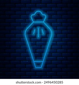 Glowing neon line Pastry bag for decorate cakes with cream icon isolated on brick wall background. Kitchenware and utensils.  Vector