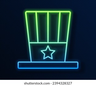 Glowing neon line Patriotic American top hat icon isolated on blue background. Uncle Sam hat. American hat independence day.  Vector