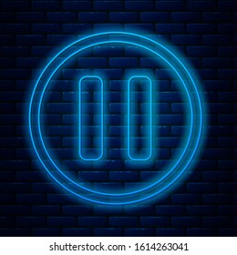 Glowing neon line Pause button icon isolated on brick wall background.  Vector Illustration